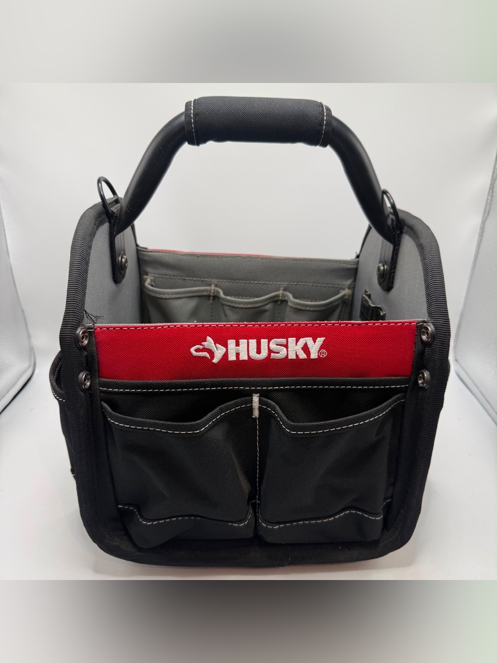 Husky 12” Tool Tote Bag Organizer Open Top Multi Pocket Heavy Duty Black Red